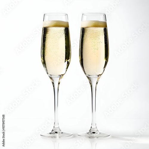 two champagne glasses on white background