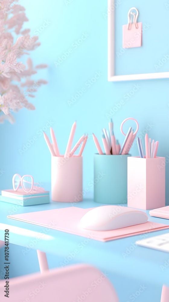 A pastel blue and pink office desk with a computer, keyboard, mouse, paperclip pot plants, and stationery on the table A pastel blue and pink office desk with a computer, keyboard, mouse, paperclip pot plants, and stationery on the table