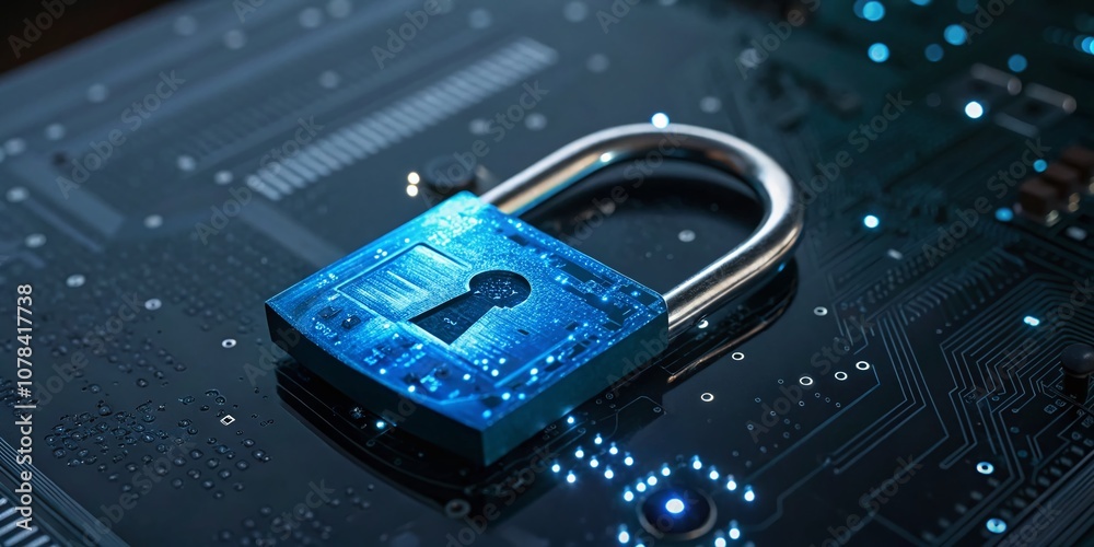 Fototapeta premium A glowing blue padlock encircled by a metal ring, set against a detailed circuit board background, symbolizing cybersecurity, digital safety, and technology innovation.