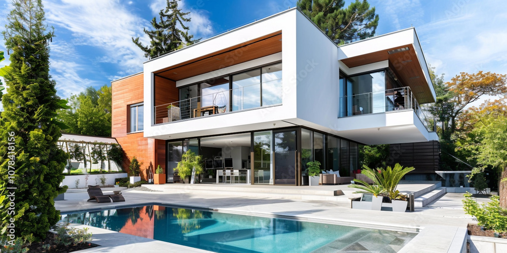 Obraz premium Elegant Two-Story Home with Brick Facade and Pool Area 