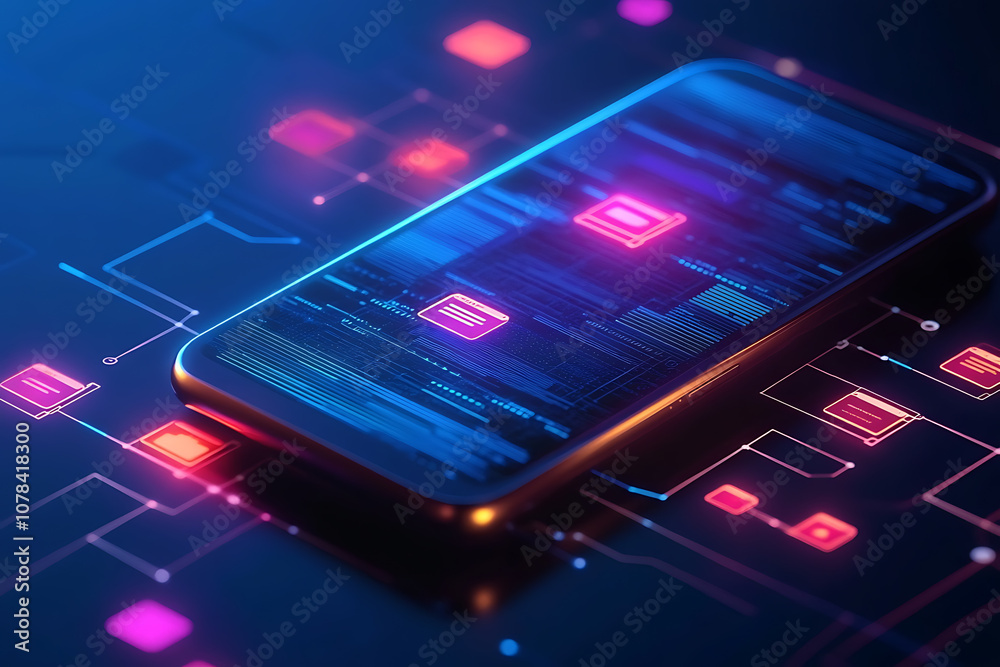 A smartphone with chat icons overlaying a complex flowchart below A smartphone with chat icons overlaying a complex flowchart below