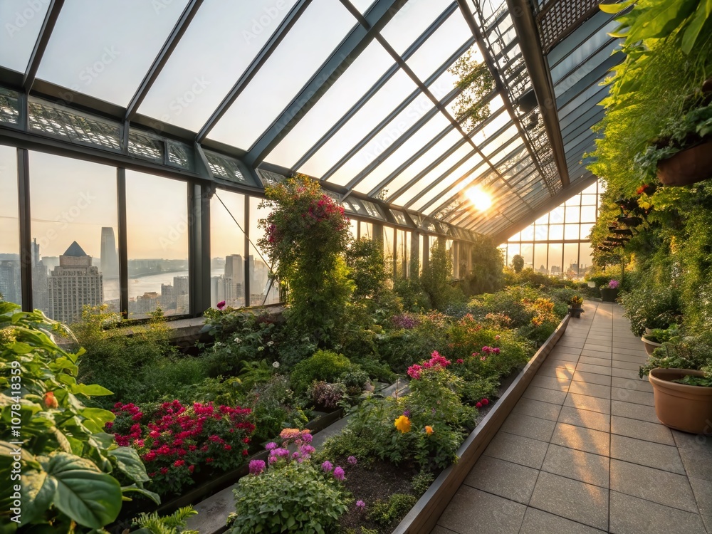A Lush Rooftop Greenhouse Bursting with Life: A Panoramic View of Vibrant Plants and Greenery in a Serene Urban Setting A Lush Rooftop Greenhouse Bursting with Life: A Panoramic View of Vibrant Plants and Greenery in a Serene Urban Setting