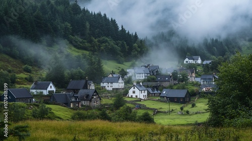 A small village nestled in a valley shrouded in fog.