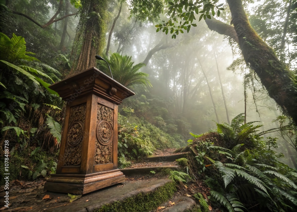 A Mystical Carved Wooden Podium Surrounded by Lush Greenery and Rising Mist in a Humid Rainforest, Perfect for Urban Exploration Photography A Mystical Carved Wooden Podium Surrounded by Lush Greenery and Rising Mist in a Humid Rainforest, Perfect for Urban Exploration Photography