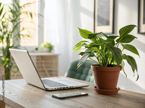 A Modern Workspace Featuring a Laptop and Potted Plant on a Wooden Desk, Perfect for Creative and Productive Environments, Ideal for Home Office Inspiration and Lifestyle Blogs