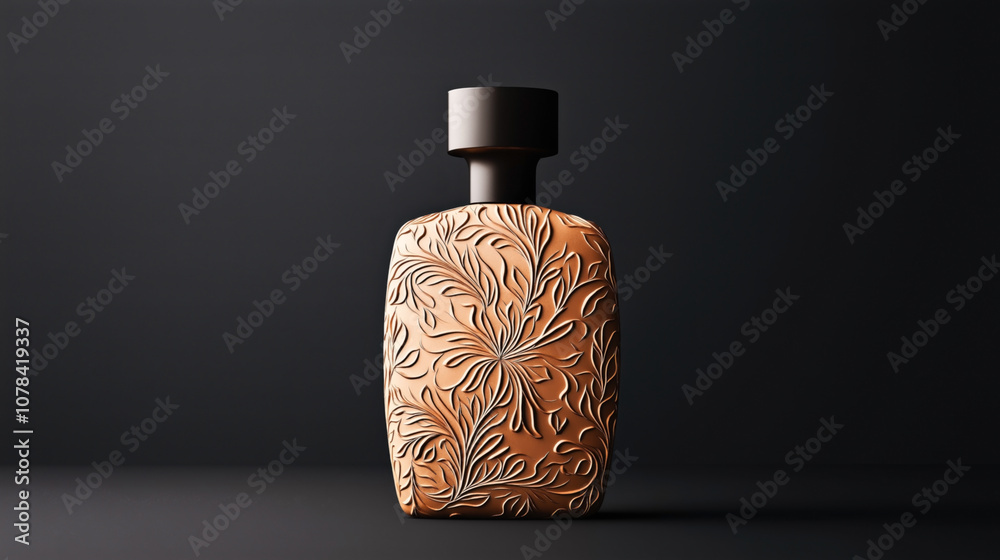 Elegant perfume bottle with intricate embossed floral design in warm copper tones on a dark background, showcasing luxury and refined craftsmanship.