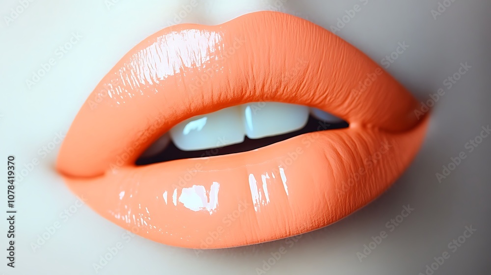 Light peach lips with a satin finish and smooth, glossy appearance Light peach lips with a satin finish and smooth, glossy appearance