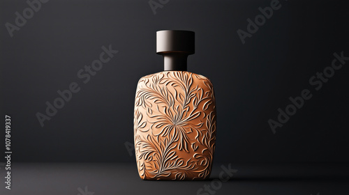 Obraz na płótnie Elegant perfume bottle with intricate embossed floral design in warm copper tones on a dark background, showcasing luxury and refined craftsmanship. w salonie