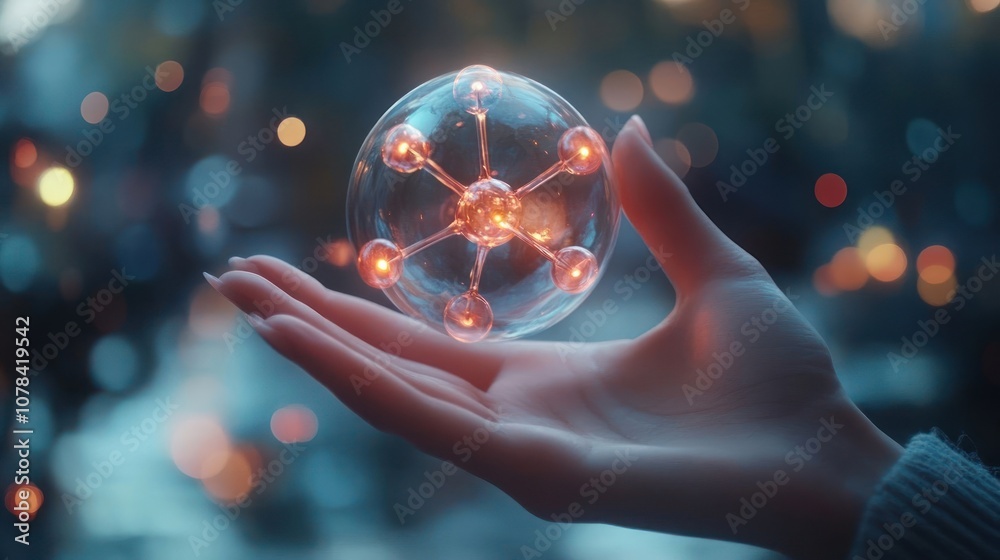 A hand holds a glowing, futuristic orb with connecting nodes in front of a blurred city lights background.