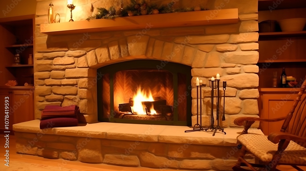 Cozy Stone Fireplace with Burning Fire and Rocking Chair
