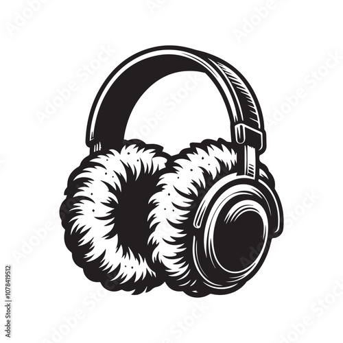 Cozy Winter Listening: Furry Headphones for Warmth and Sound. A monochrome illustration of headphones with thick, furry earmuffs, perfect for staying warm while enjoying music in cold weather.