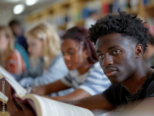 African American male reading book intently.