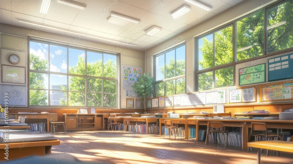 Bright classroom with desks, windows, and greenery outside. Bright classroom with desks, windows, and greenery outside.