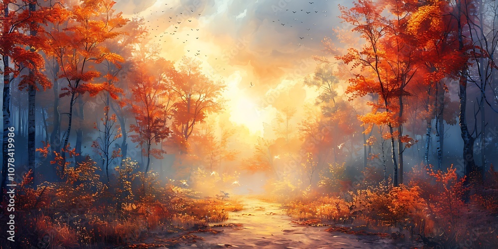 Autumn forest landscape with fog and sunlight. Digital painting. Autumn forest landscape with fog and sunlight. Digital painting.