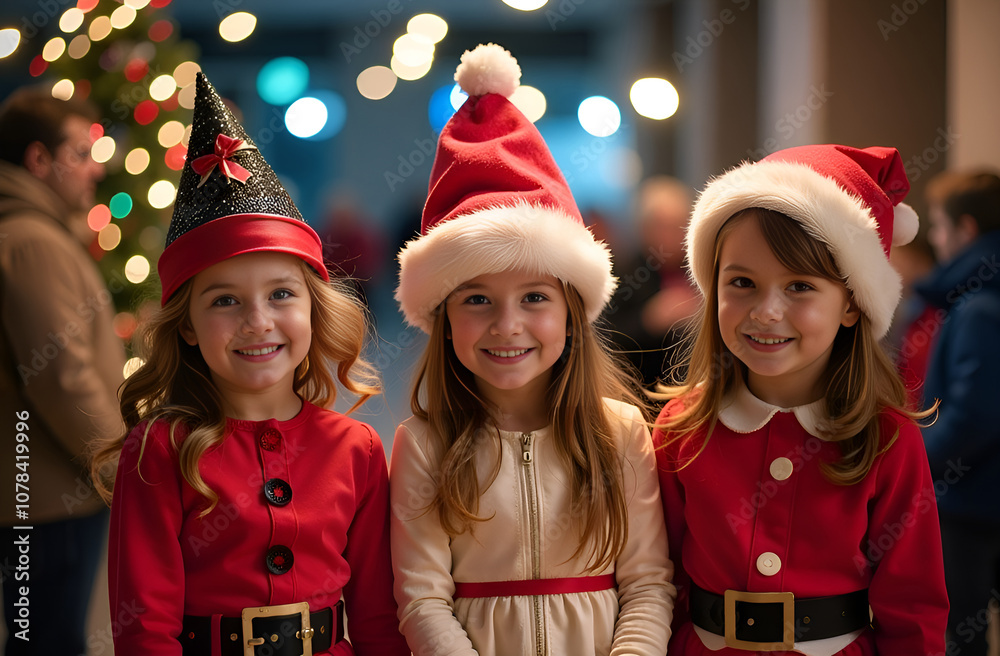 Smiling children, girls in Santa Claus hats and fancy costumes, celebrate the New Year in the warm atmosphere of the Christmas holiday Smiling children, girls in Santa Claus hats and fancy costumes, celebrate the New Year in the warm atmosphere of the Christmas holiday