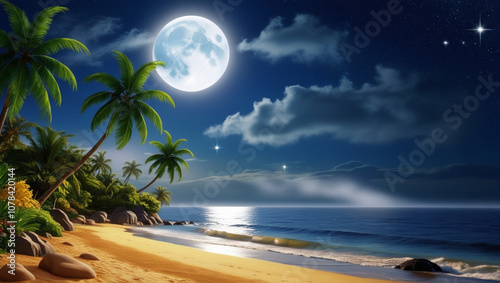 beach with palm trees and moon