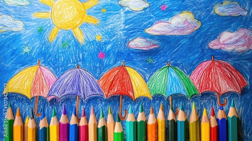 Vibrant umbrella drawing with a cheerful rainbow sky, perfect as classroom wall art or a fun teacher decoration.