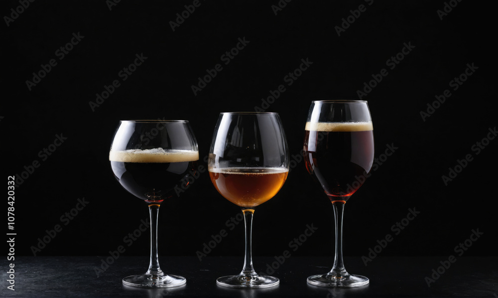 Three glasses of beer are lined up on a black surface, each with a different color of beer Three glasses of beer are lined up on a black surface, each with a different color of beer