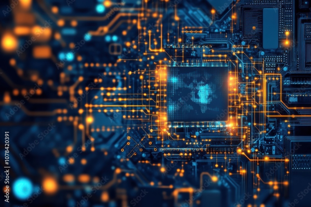 Close-up of a circuit board with glowing connections and a world map design Close-up of a circuit board with glowing connections and a world map design