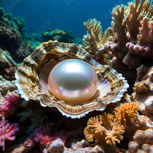 A vintage-style image of a sizable, pink-tinged pearl resting inside an opened oyster, nestled among the corals of a reef. The pearl gleams softly, while the shell reveals its beauty. The diverse cora photo