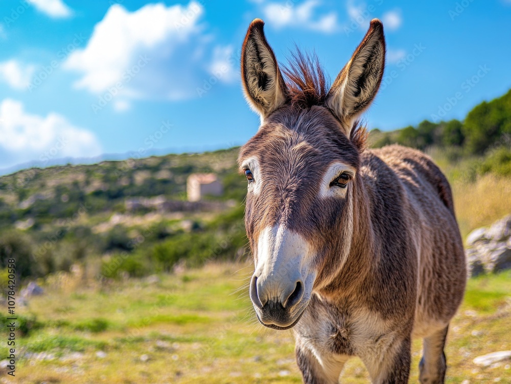 Solo donkey standing in a field with green grass and shrubbery. Solo donkey standing in a field with green grass and shrubbery.