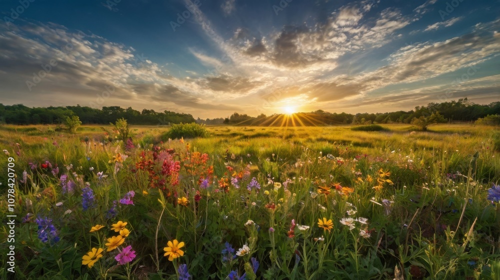 Obraz premium vibrant wildflower field under a broad, colorful sky. A warm sunrise casts golden light over the meadow, enhancing the hues of the flowers and the greenery.