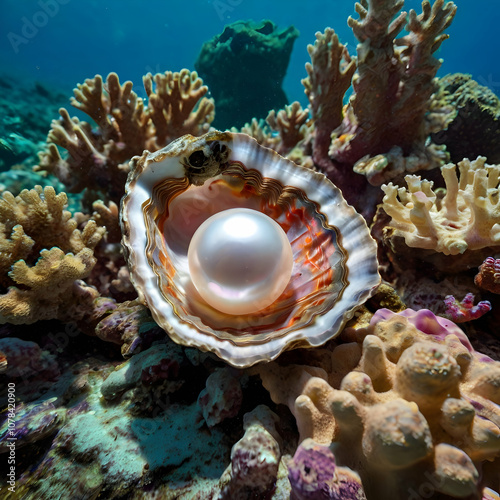 A vintage-style image of a sizable, pink-tinged pearl resting inside an opened oyster, nestled among the corals of a reef. The pearl gleams softly, while the shell reveals its beauty. The diverse cora photo