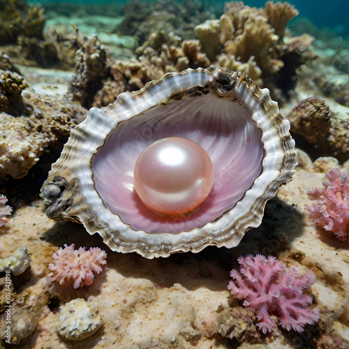 A vintage-style image of a sizable, pink-tinged pearl resting inside an opened oyster, nestled among the corals of a reef. The pearl gleams softly, while the shell reveals its beauty. The diverse cora photo