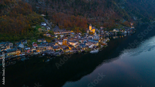 Evening, autumn, Alpine Hallstatt from a bird's eye view.