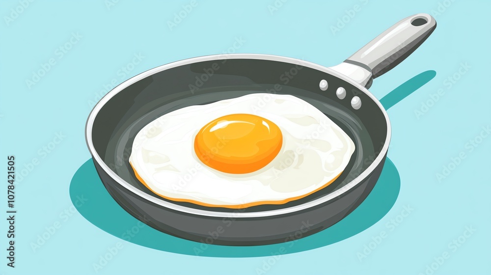 A cartoon fried egg in a black frying pan. A cartoon fried egg in a black frying pan.