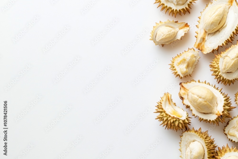 High-resolution image of durian pieces arranged on a blank white background with ample space for text, perfect for commercial use. The pieces highlight the creamy flesh and the thorny shell. High-resolution image of durian pieces arranged on a blank white background with ample space for text, perfect for commercial use. The pieces highlight the creamy flesh and the thorny shell.