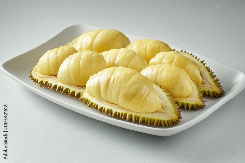 Durian slices arranged artistically on a blank white plate with ample space for text, suitable for commercial use. The slices display the creamy interior and the spiky outer shell. Durian slices arranged artistically on a blank white plate with ample space for text, suitable for commercial use. The slices display the creamy interior and the spiky outer shell.