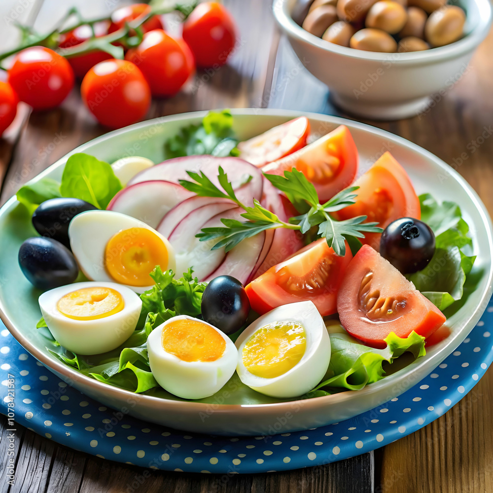 boiled eggs ham olives tomatoes and fresh salad boiled eggs ham olives tomatoes and fresh salad