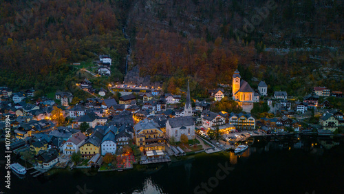 Evening, autumn, Alpine Hallstatt from a bird's eye view.