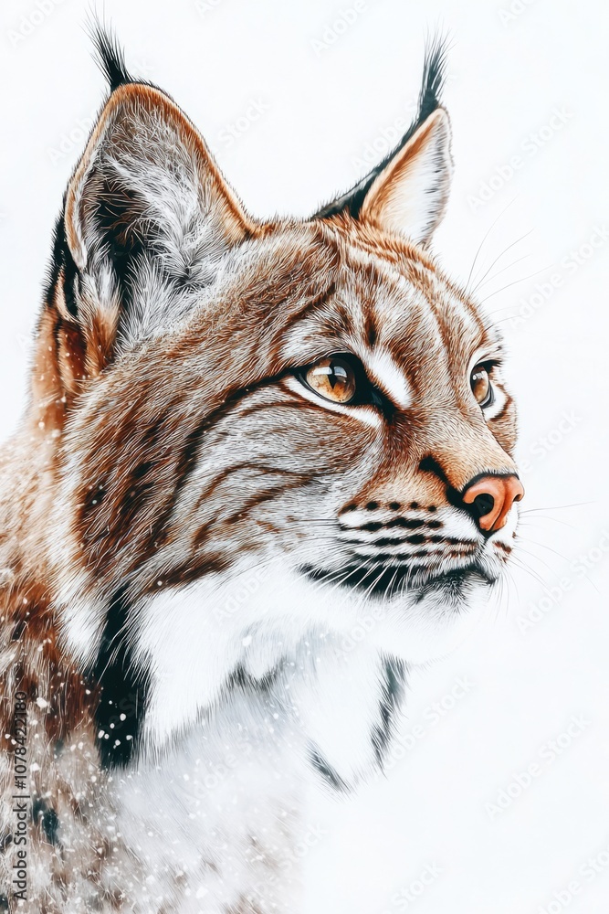 Obraz premium Portrait of a snow-dusted lynx in winter. The lynx is looking towards the camera, showcasing its intense gaze and powerful presence amidst the serene snow-covered environment.