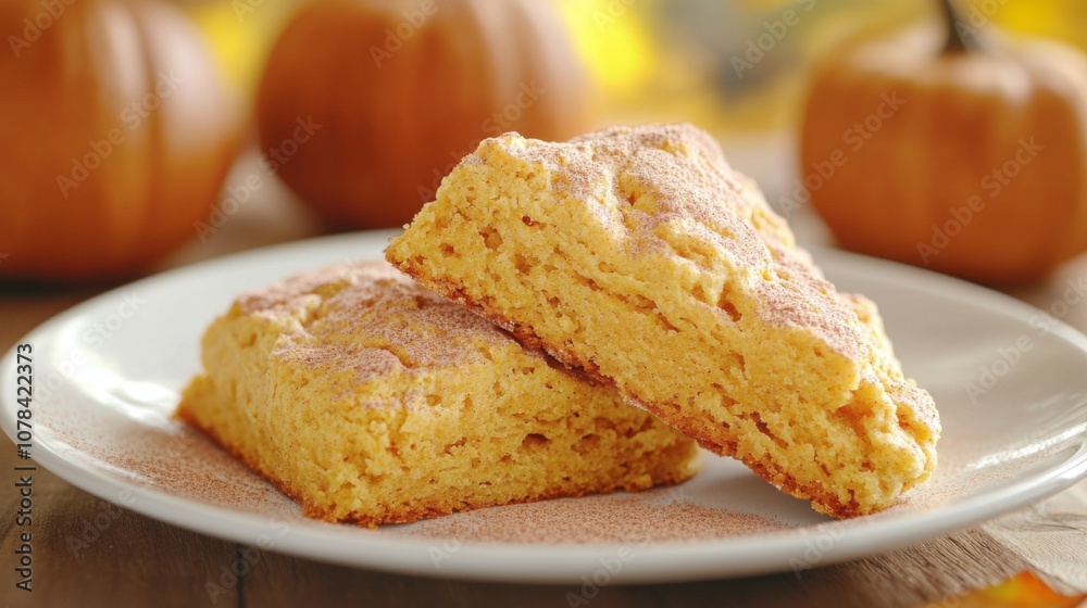 Two Pumpkin Scones with Cinnamon Sugar Dusting on a White Plate Two Pumpkin Scones with Cinnamon Sugar Dusting on a White Plate