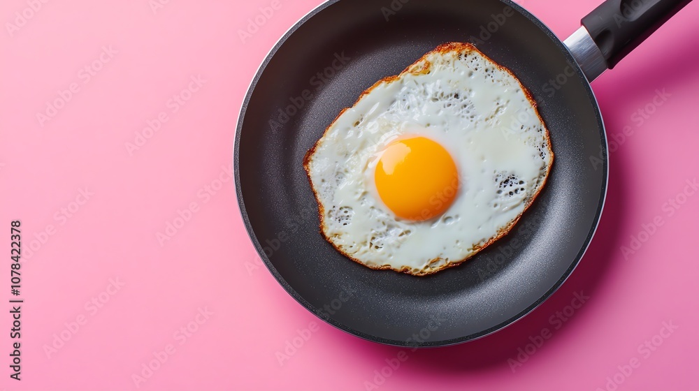 A perfectly cooked sunny-side up egg in a black frying pan on a pink background. A perfectly cooked sunny-side up egg in a black frying pan on a pink background.