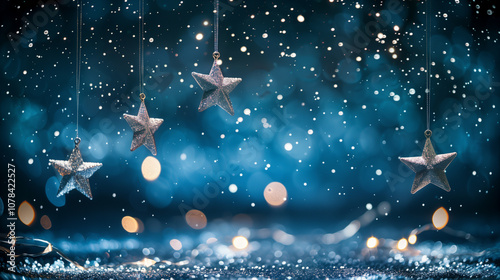 Christmas Background with Hanging Star Ornaments in Blue