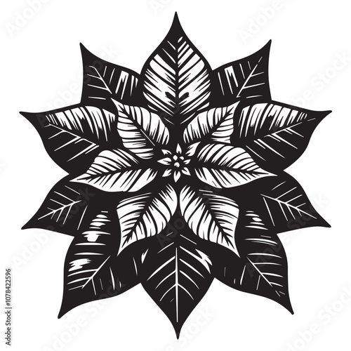 Classic Black and White Poinsettia Illustration for Festive Designs. This striking black and white illustration of a poinsettia captures the essence of holiday cheer.