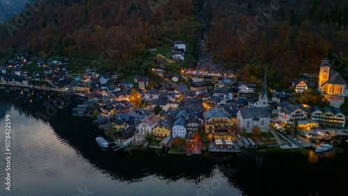 Evening, autumn, Alpine Hallstatt from a bird's eye view.