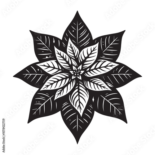 Classic Black and White Poinsettia Illustration for Festive Designs. This striking black and white illustration of a poinsettia captures the essence of holiday cheer.