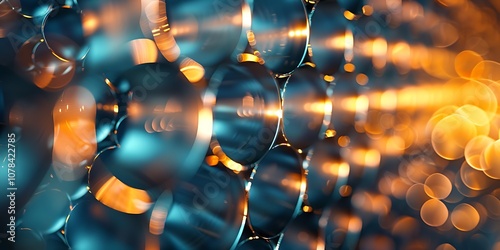 Abstract 3d rendering of chaotic metallic shapes. Bokeh background. photo