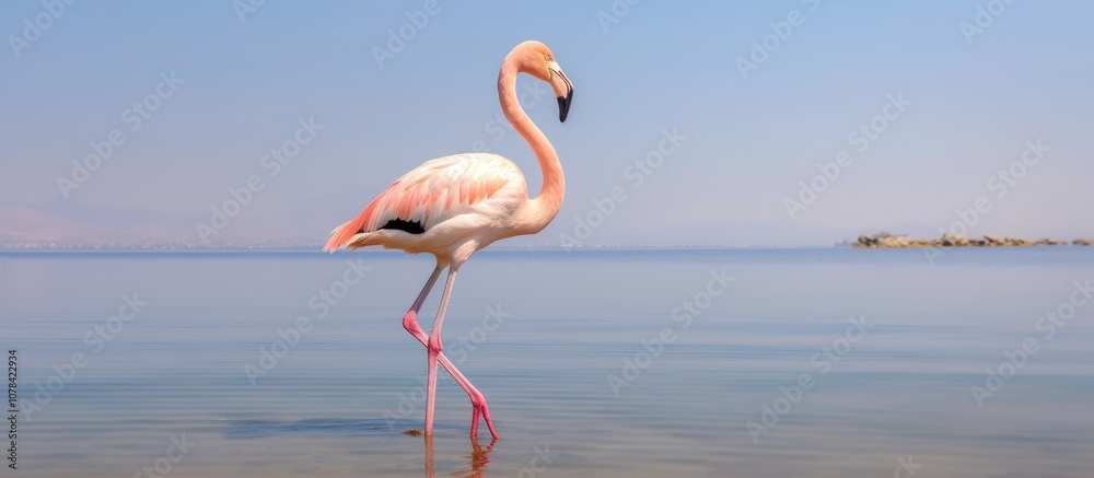 Obraz premium Pink flamingo standing in shallow water with blue sky in the background.