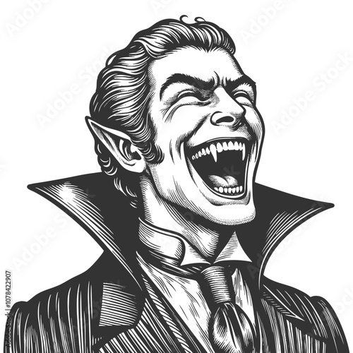 vampire with fangs and a wide smile, ideal for horror and Halloween themes sketch engraving generative ai fictional character vector illustration. Scratch board imitation. Black and white image.