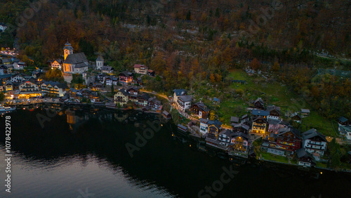Evening, autumn, Alpine Hallstatt from a bird's eye view.