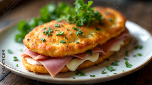 Exquisite Plate of Chicken Milanese Stuffed with Ham and Cheese, Perfectly Garnished and Presented for a Culinary Delight