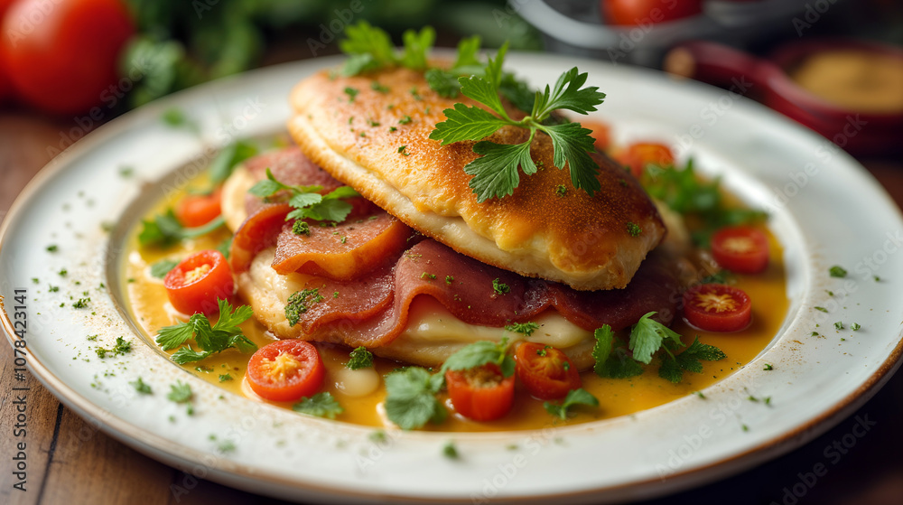 An Artistic Presentation of Chicken Milanese Filled with Ham and Cheese, Showcased on a Pristine White Plate An Artistic Presentation of Chicken Milanese Filled with Ham and Cheese, Showcased on a Pristine White Plate