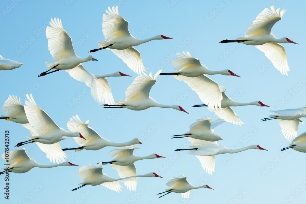 Naklejka premium White cranes soar gracefully against a clear blue sky during early morning hours