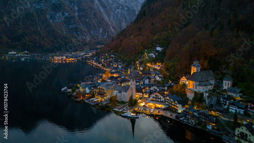 Evening, autumn, Alpine Hallstatt from a bird's eye view.