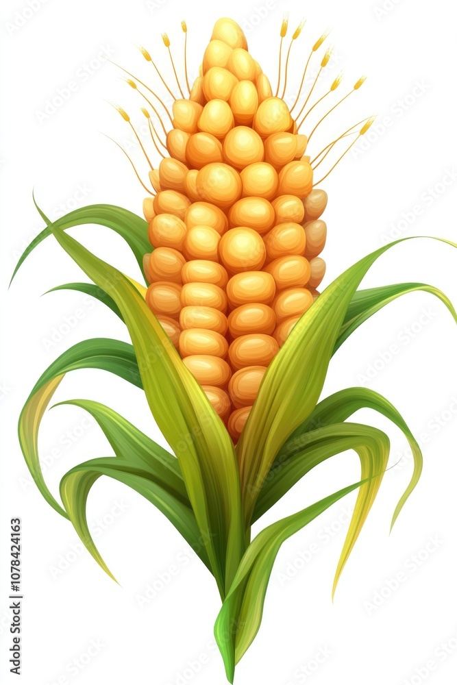 A single stalk of corn with healthy ears, emphasizing the texture and vibrant yellow color. A single stalk of corn with healthy ears, emphasizing the texture and vibrant yellow color.